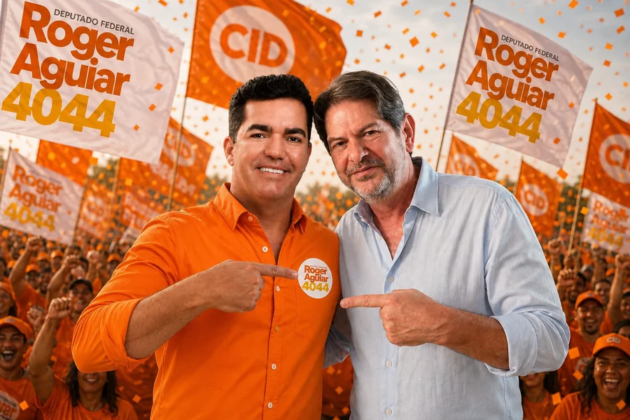 Roger Aguiar e o senador Cid Gomes apontando para o adesivo Roger Aguiar 4044
